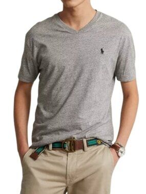 Polo Ralph Lauren Dark Heather Gray Classic V-Neck Tee Size L Black Pony Cotton